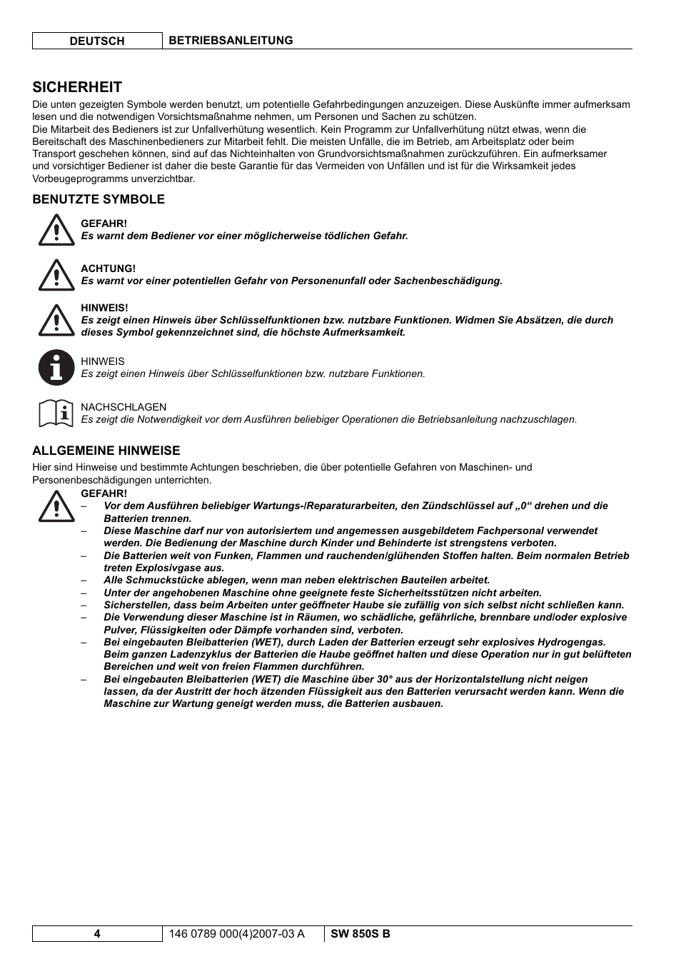 Sicherheit | Nilfisk-ALTO SW 850S B User Manual | Page 7 / 104