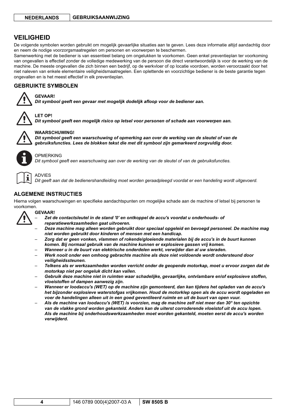 Veiligheid | Nilfisk-ALTO SW 850S B User Manual | Page 79 / 104