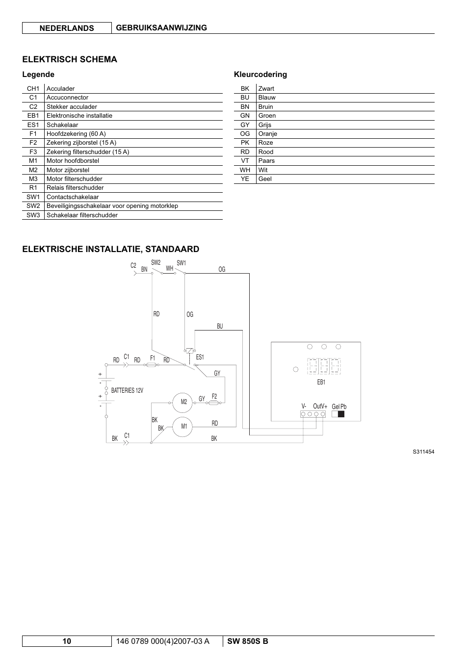 Elektrisch schema, Elektrische installatie, standaard | Nilfisk-ALTO SW 850S B User Manual | Page 85 / 104