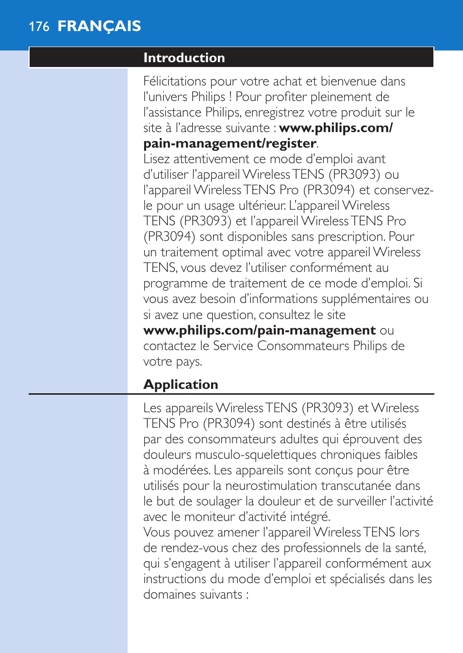 Français | Philips TensRelief 12 selbstklebende Elektroden User Manual | Page 176 / 236