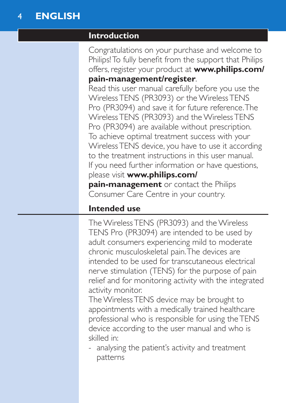 English, English 4 | Philips TensRelief 12 selbstklebende Elektroden User Manual | Page 4 / 236