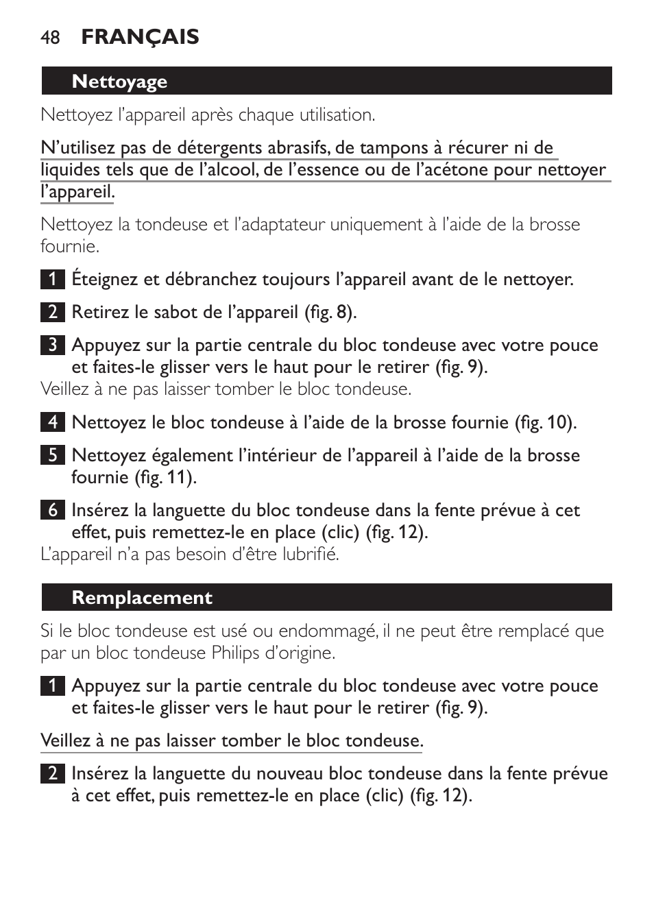 Nettoyage, Remplacement | Philips HAIRCLIPPER Series 1000 Haarschneider User Manual | Page 48 / 92