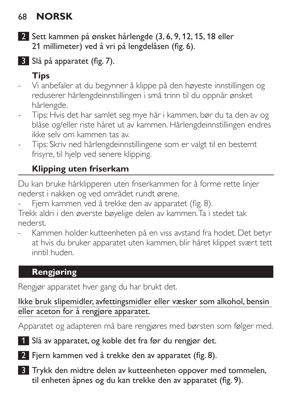 Tips, Klipping uten friserkam, Rengjøring | Philips HAIRCLIPPER Series 1000 Haarschneider User Manual | Page 68 / 92