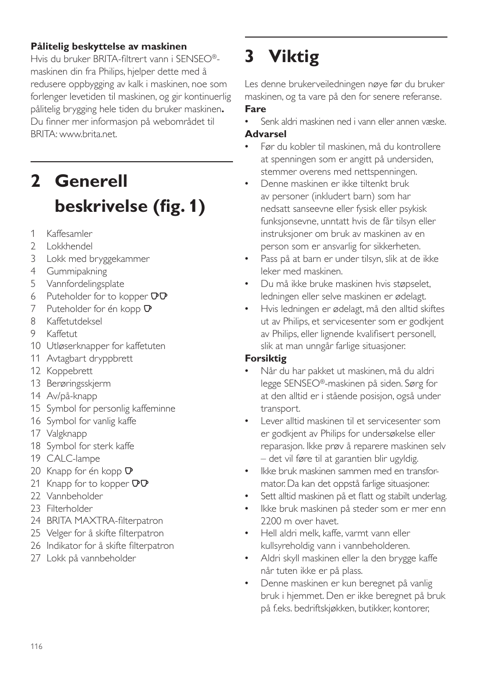 3 viktig, 2 generell beskrivelse (fig. 1) | Philips SENSEO® Twist Kaffeepadmaschine User Manual | Page 116 / 138
