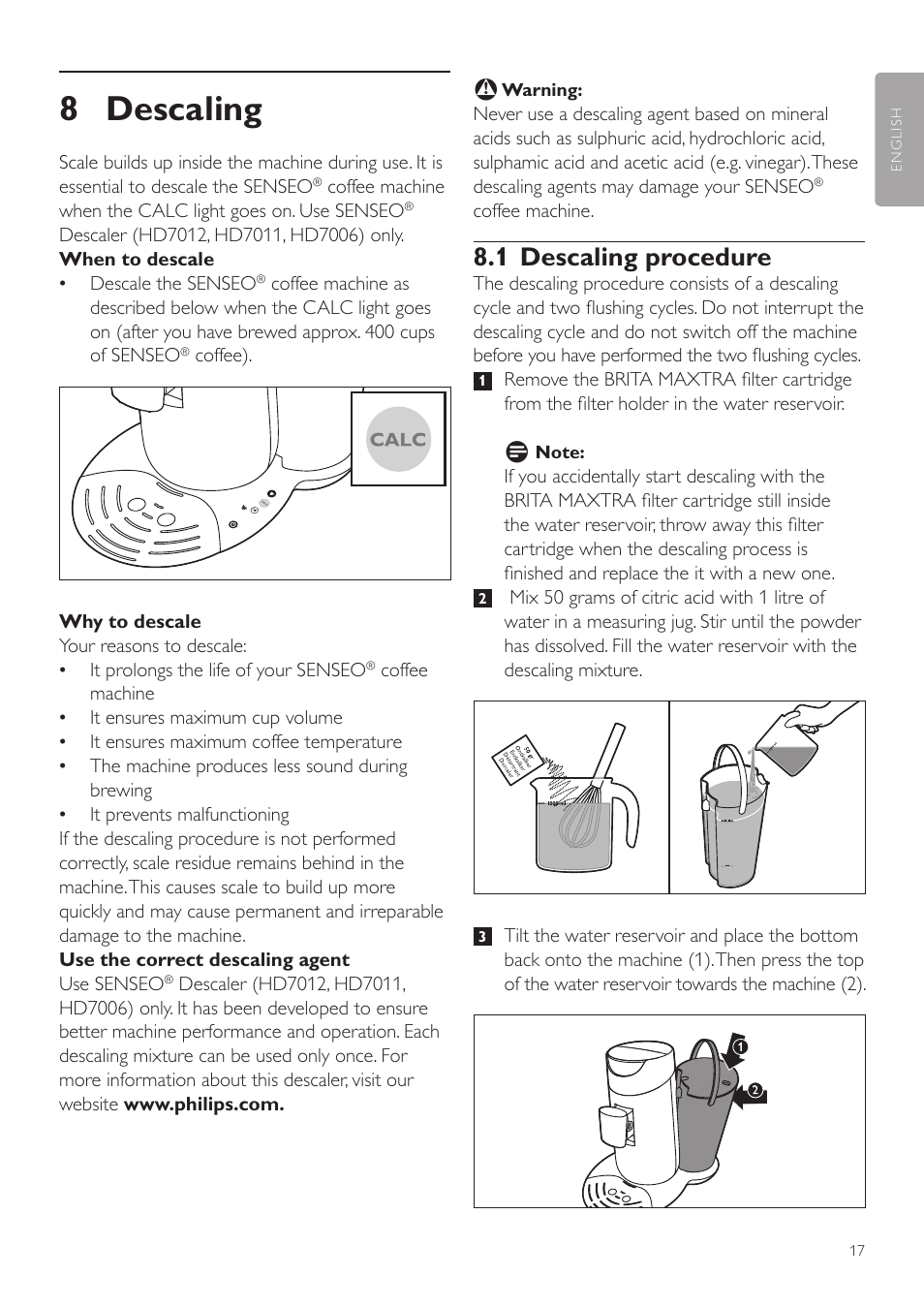 8 descaling, 1 descaling procedure | Philips SENSEO® Twist Kaffeepadmaschine User Manual | Page 17 / 138