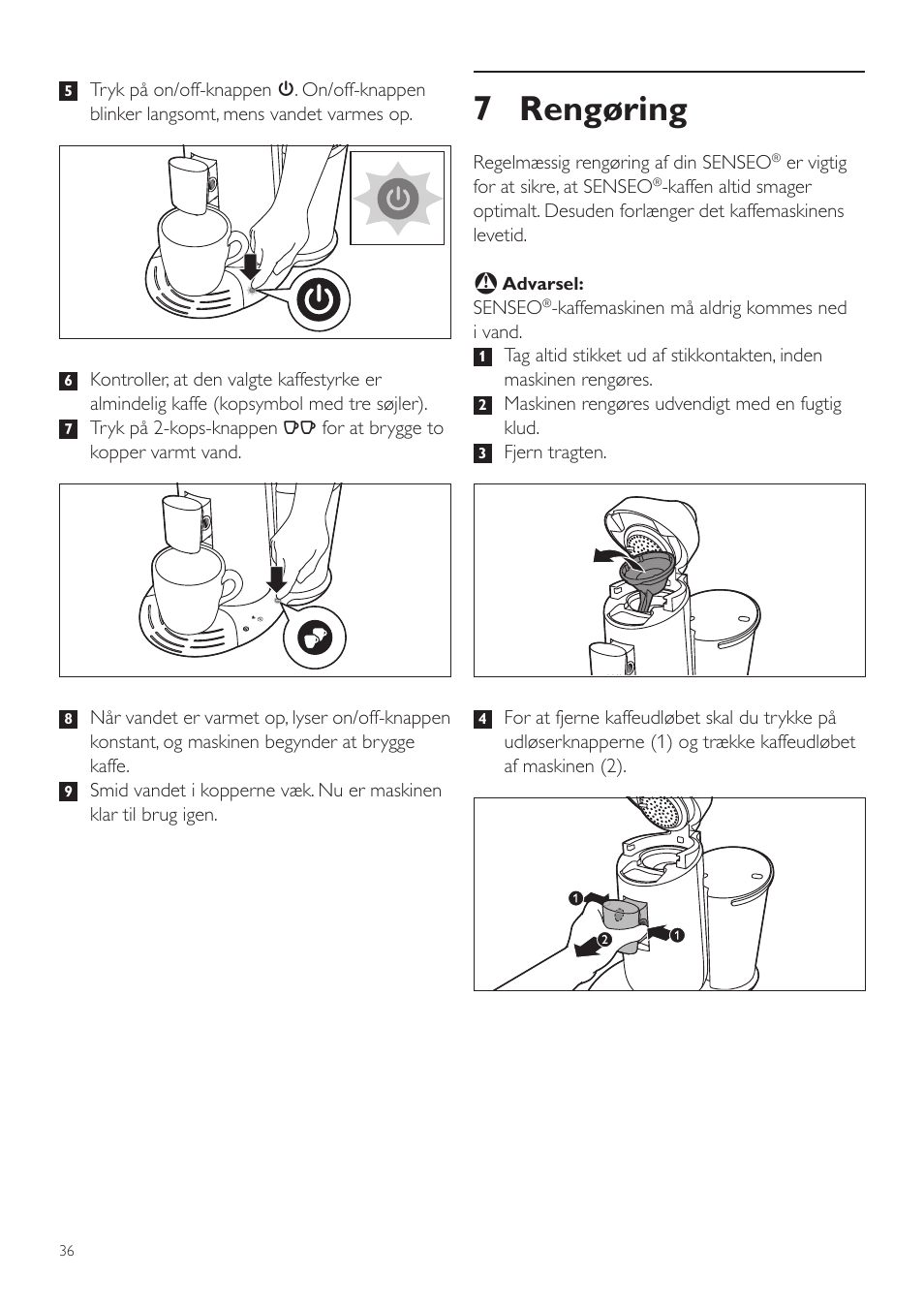 7 rengøring | Philips SENSEO® Twist Kaffeepadmaschine User Manual | Page 36 / 138