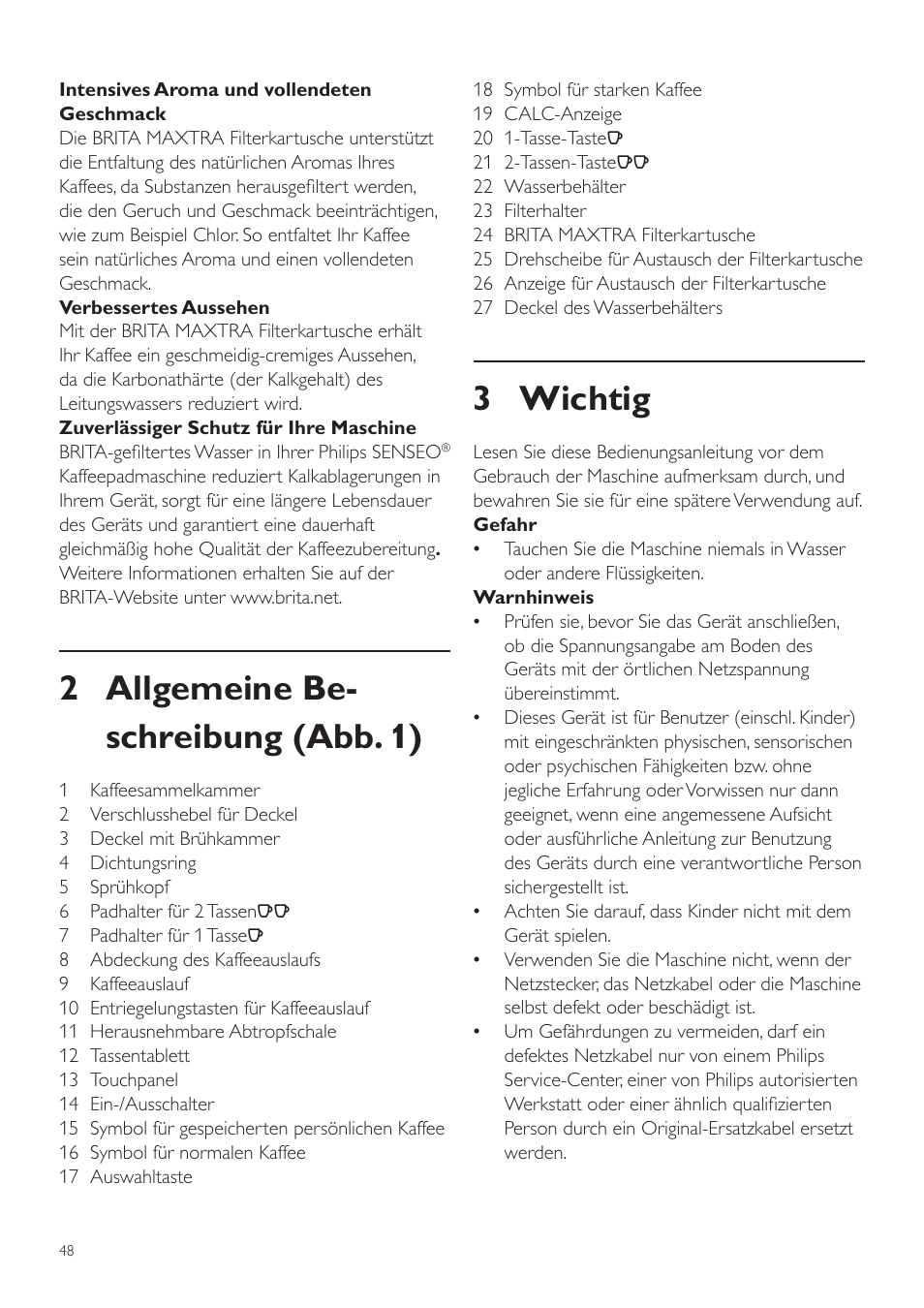 3 wichtig, 2 allgemeine be- schreibung (abb. 1) | Philips SENSEO® Twist Kaffeepadmaschine User Manual | Page 48 / 138