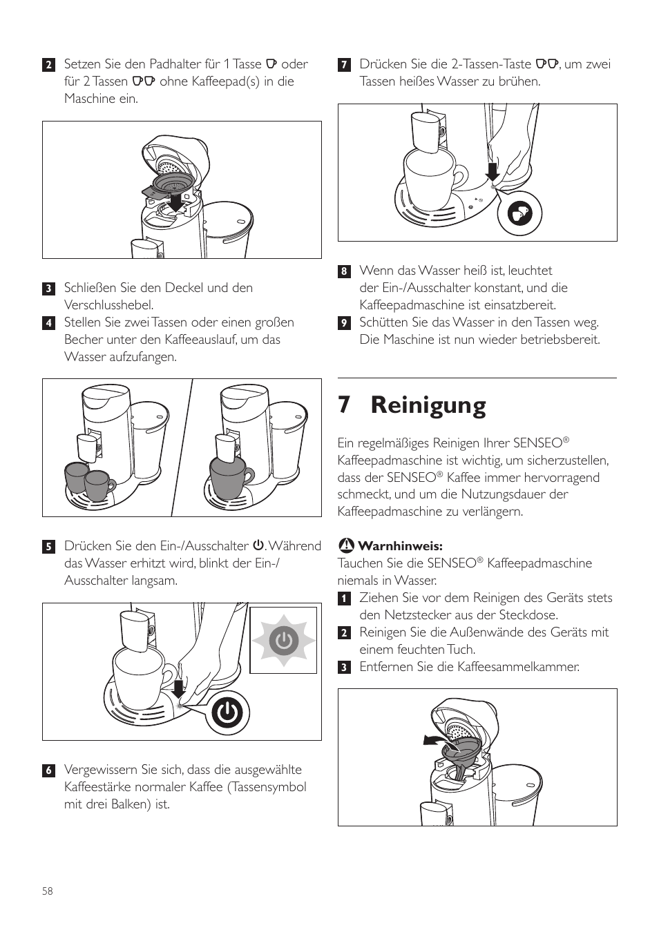 7 reinigung | Philips SENSEO® Twist Kaffeepadmaschine User Manual | Page 58 / 138