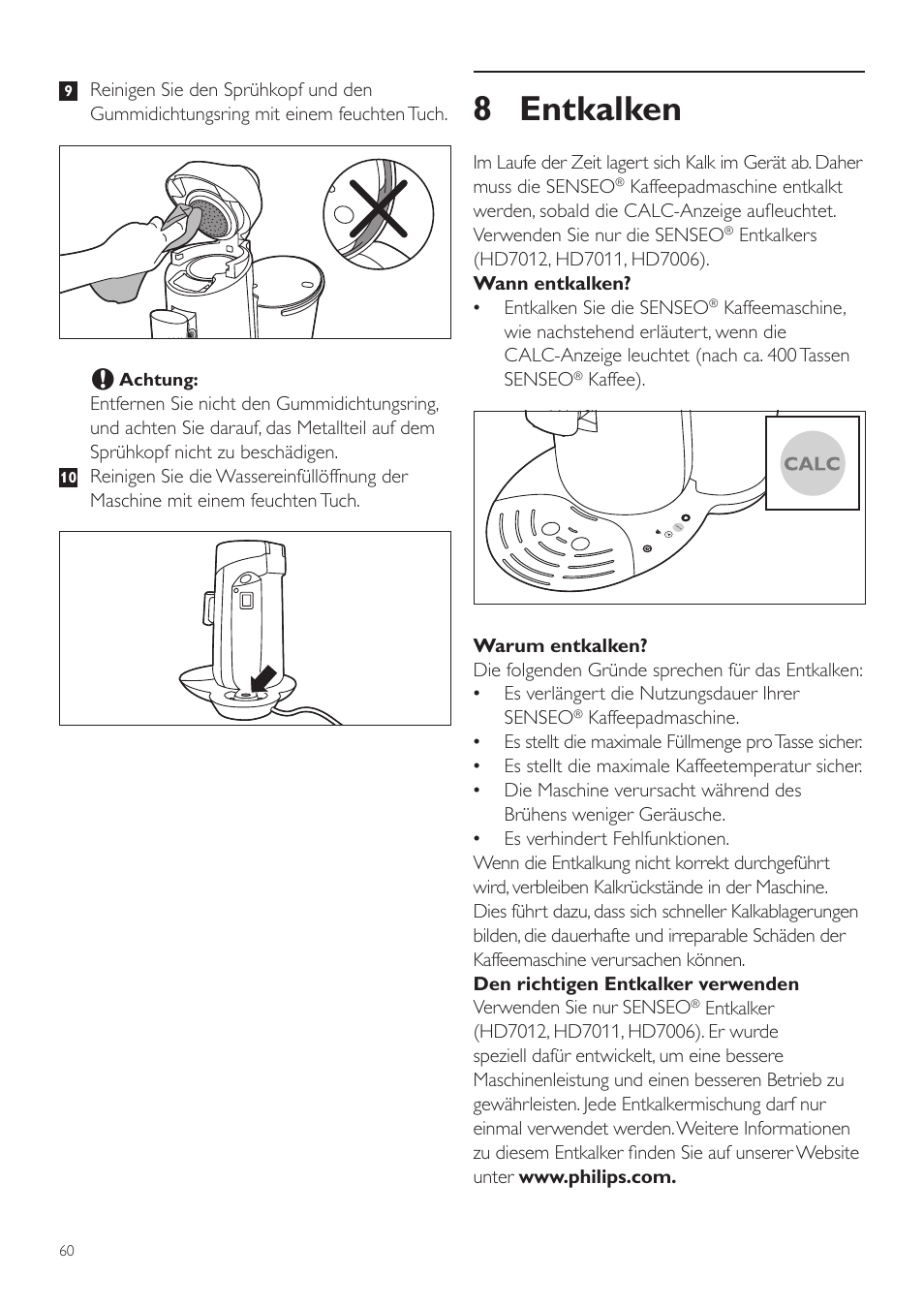 8 entkalken | Philips SENSEO® Twist Kaffeepadmaschine User Manual | Page 60 / 138