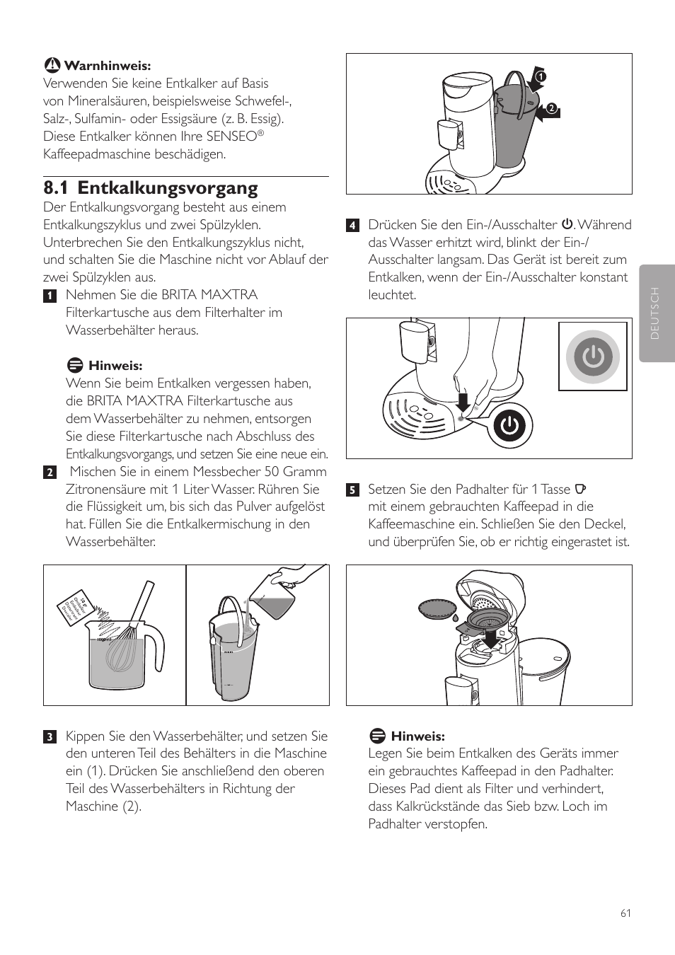 1 entkalkungsvorgang | Philips SENSEO® Twist Kaffeepadmaschine User Manual | Page 61 / 138