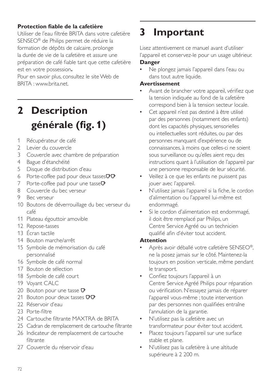 3 important, 2 description générale (fig. 1) | Philips SENSEO® Twist Kaffeepadmaschine User Manual | Page 72 / 138