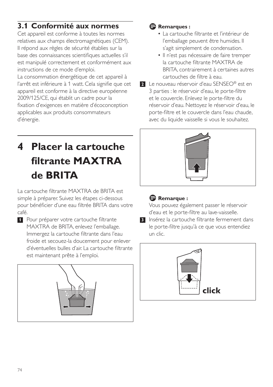 4 placer la cartouche filtrante maxtra de brita, 1 conformité aux normes | Philips SENSEO® Twist Kaffeepadmaschine User Manual | Page 74 / 138