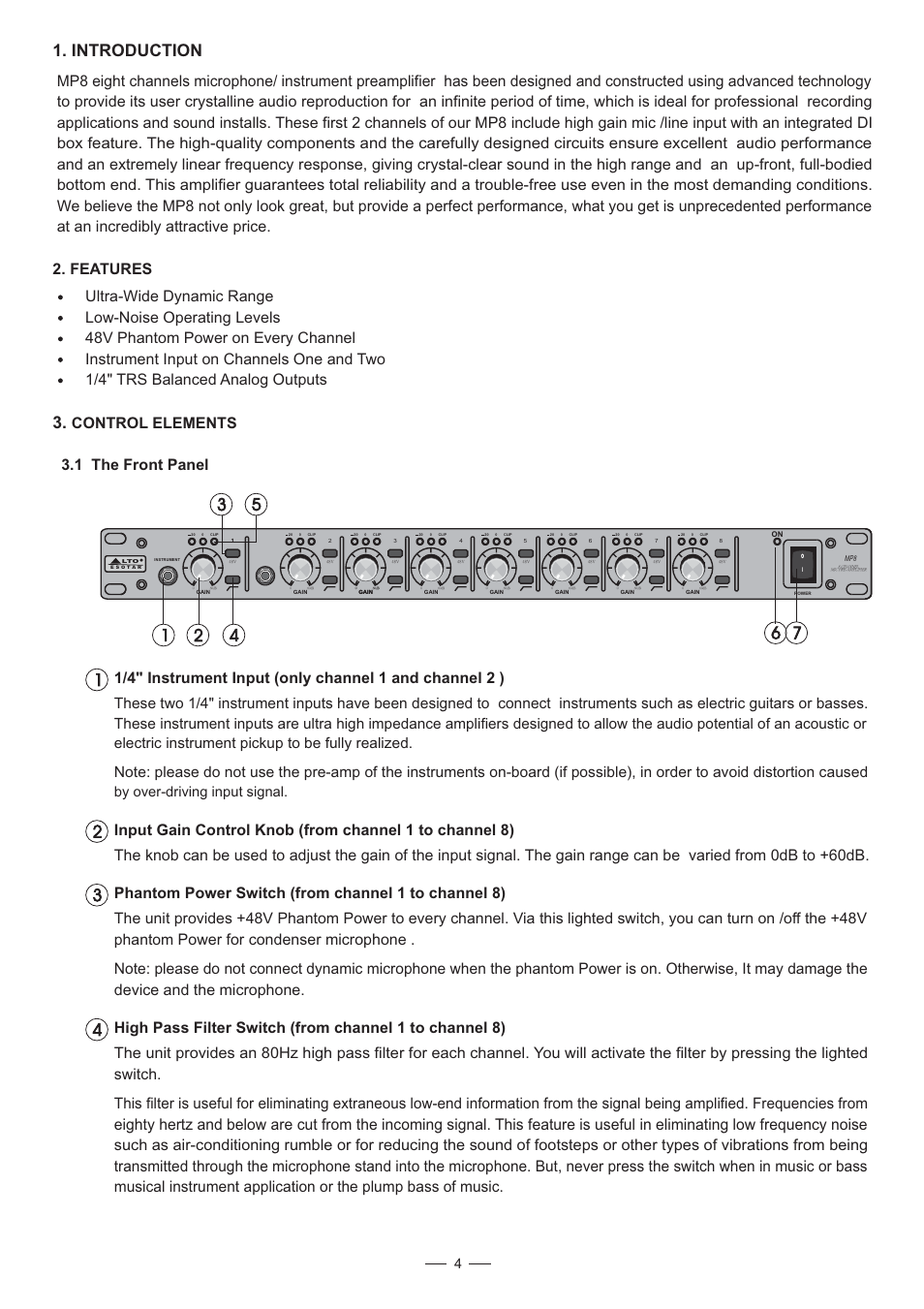 Introduction, Control elements 3.1 the front panel, Power for condenser microphone | By over-driving input signal | Nilfisk-ALTO MP8 User Manual | Page 5 / 12