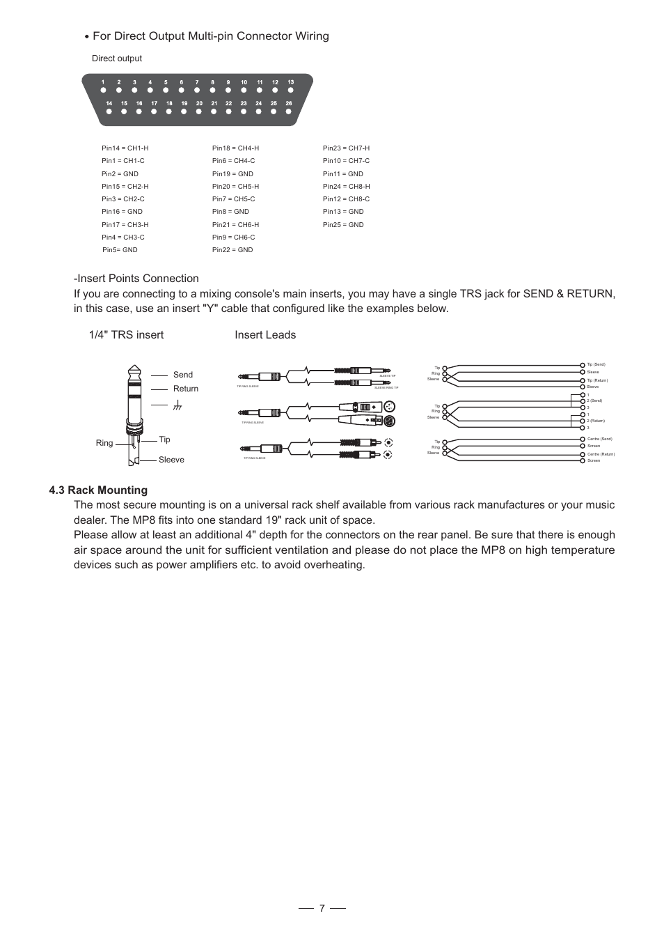 1/4" trs insert insert leads, For direct output multi-pin connector wiring, Send return tip ring sleeve | Direct output | Nilfisk-ALTO MP8 User Manual | Page 8 / 12