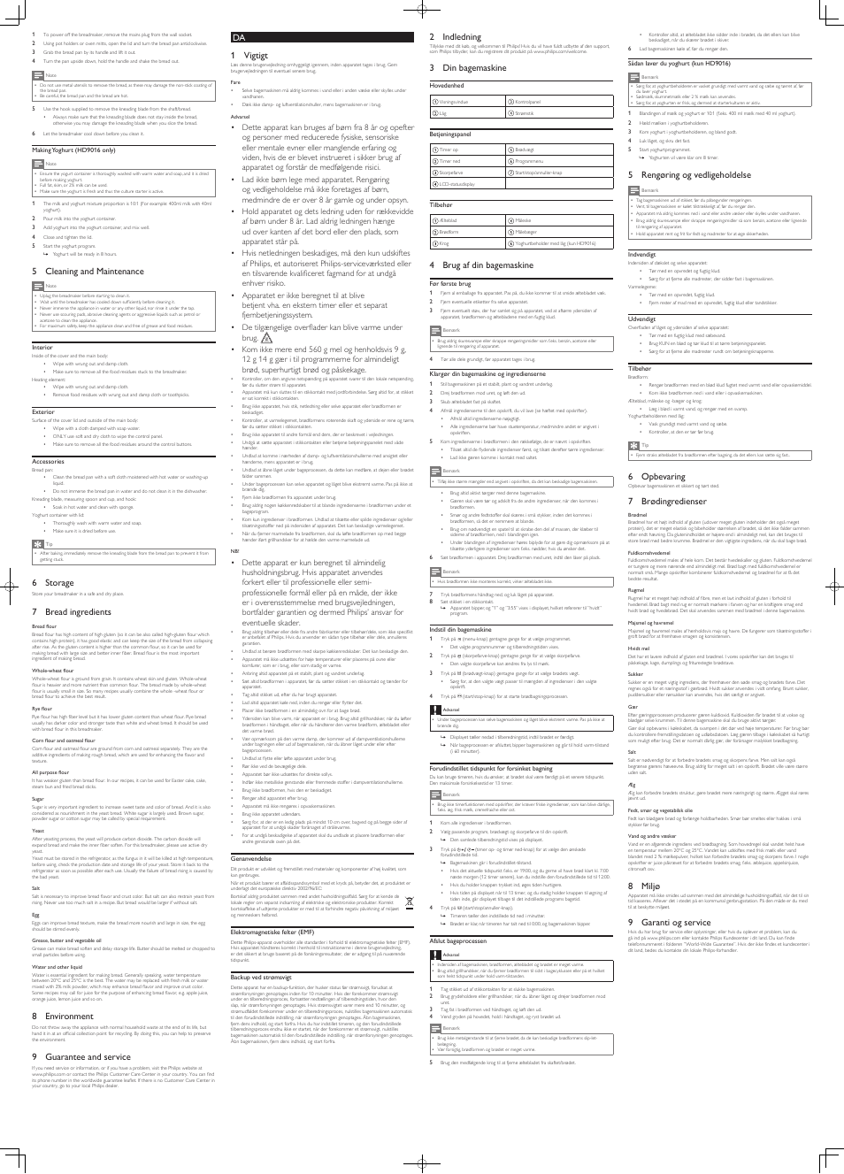 Da 1 vigtigt, 5 cleaning and maintenance, 6 storage | 7 bread ingredients, 8 environment, 9 guarantee and service, 5 rengøring og vedligeholdelse, 6 opbevaring, 7 brødingredienser, 8 miljø | Philips Daily Collection Brotbackautomat User Manual | Page 2 / 8