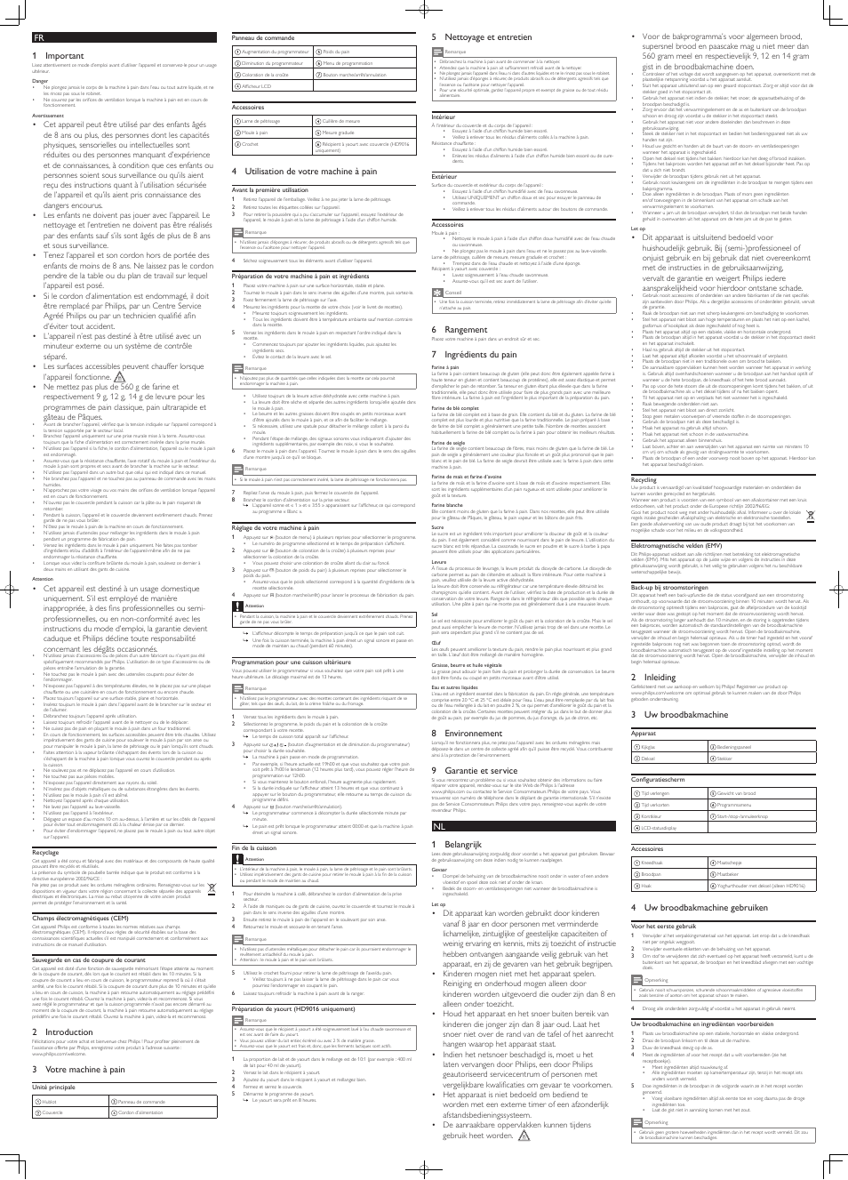 Fr 1 important, 2 introduction, 3 votre machine à pain | 4 utilisation de votre machine à pain, 5 nettoyage et entretien, 6 rangement, 7 ingrédients du pain, 8 environnement, 9 garantie et service, Nl 1 belangrijk | Philips Daily Collection Brotbackautomat User Manual | Page 5 / 8