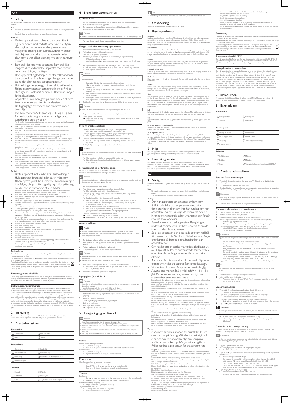 No 1 viktig, 2 innledning, 3 brødbakemaskinen | 4 bruke brødbakemaskinen, 5 rengjøring og vedlikehold, 6 oppbevaring, 7 brødingredienser, 8 miljø, 9 garanti og service, Sv 1 viktigt | Philips Daily Collection Brotbackautomat User Manual | Page 7 / 8