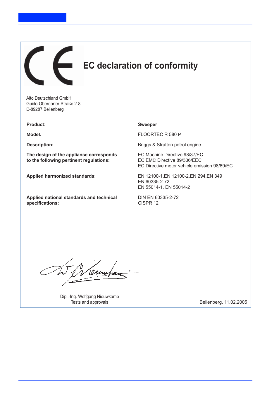 Ghfodudwlrqrifrqiruplw, Ec certificate of conformity | Nilfisk-ALTO 580 P User Manual | Page 22 / 26