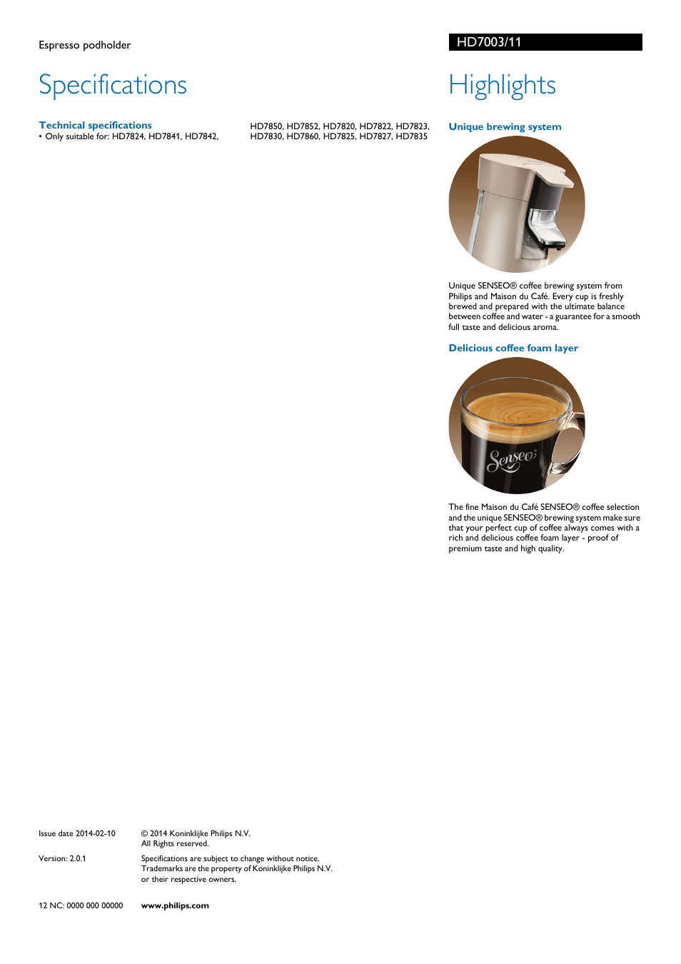 Specifications, Highlights | Philips SENSEO® Espresso-Padhalter User Manual | Page 2 / 2