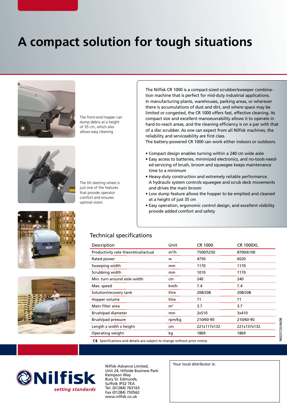 A compact solution for tough situations, Technical specifications | Nilfisk-ALTO CR 1000 User Manual | Page 2 / 2