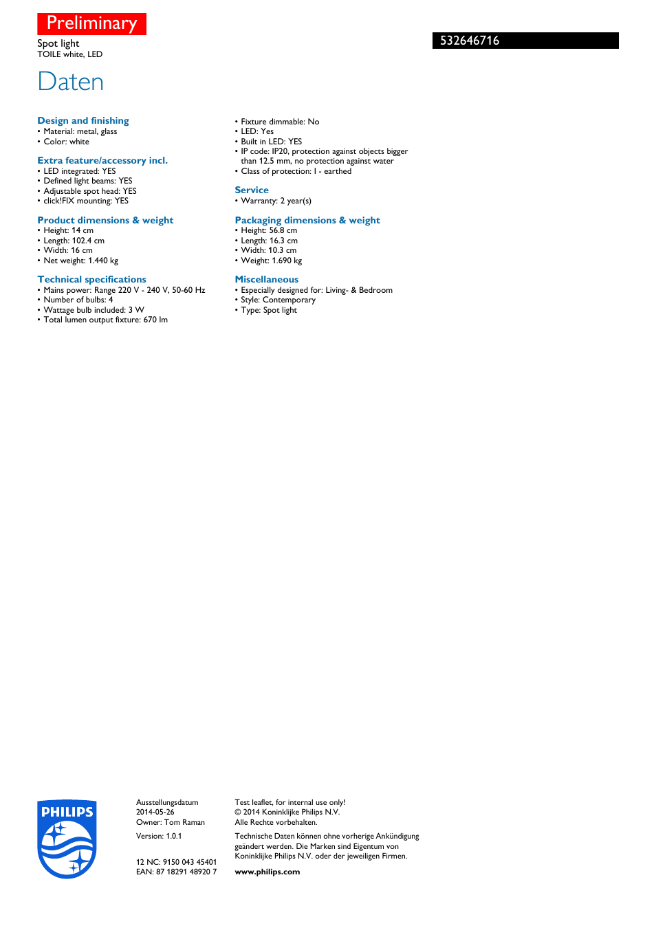 Daten, Preliminary | Philips myLiving Spot User Manual | Page 3 / 3