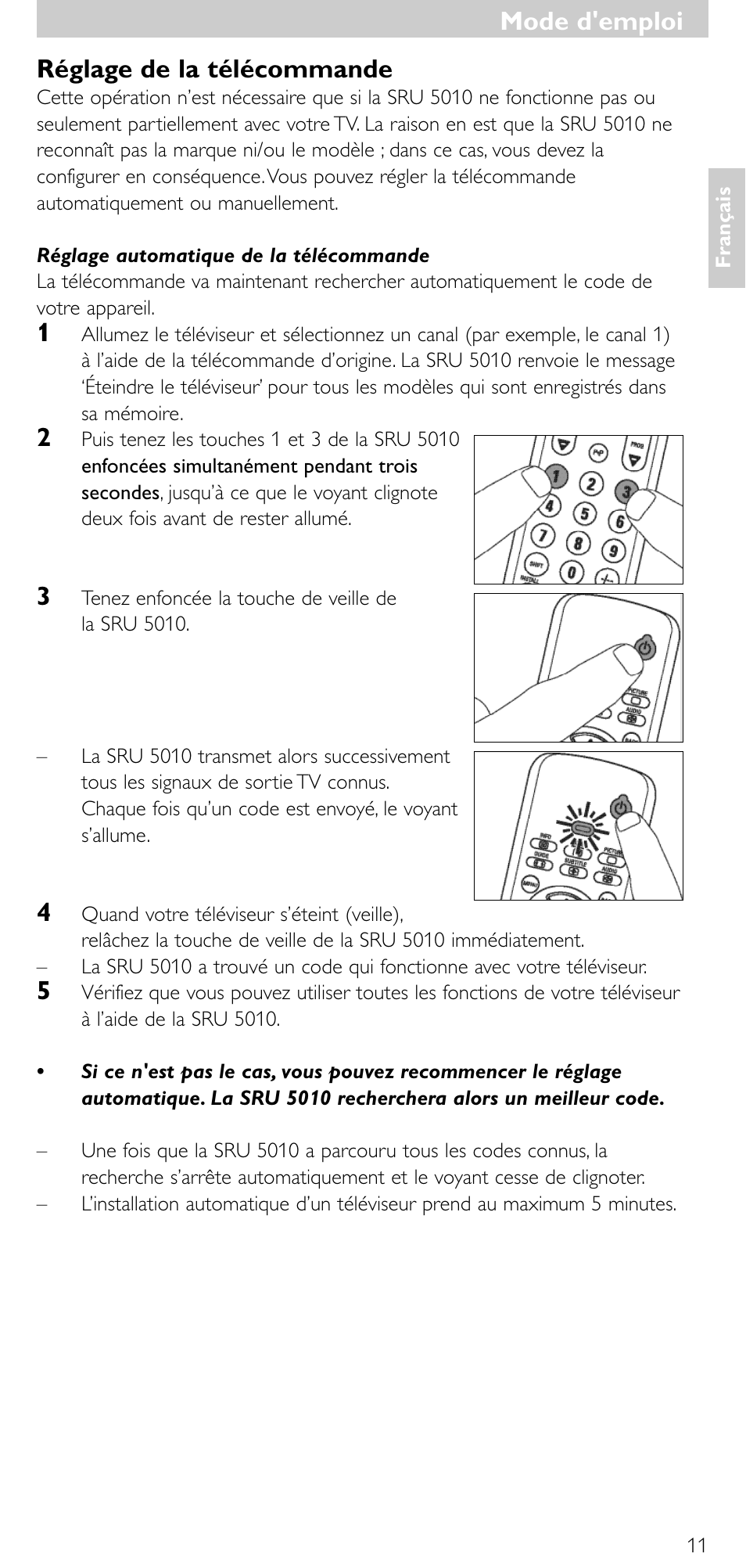 Mode d'emploi, Réglage de la télécommande | Philips Universal-Fernbedienung User Manual | Page 10 / 63