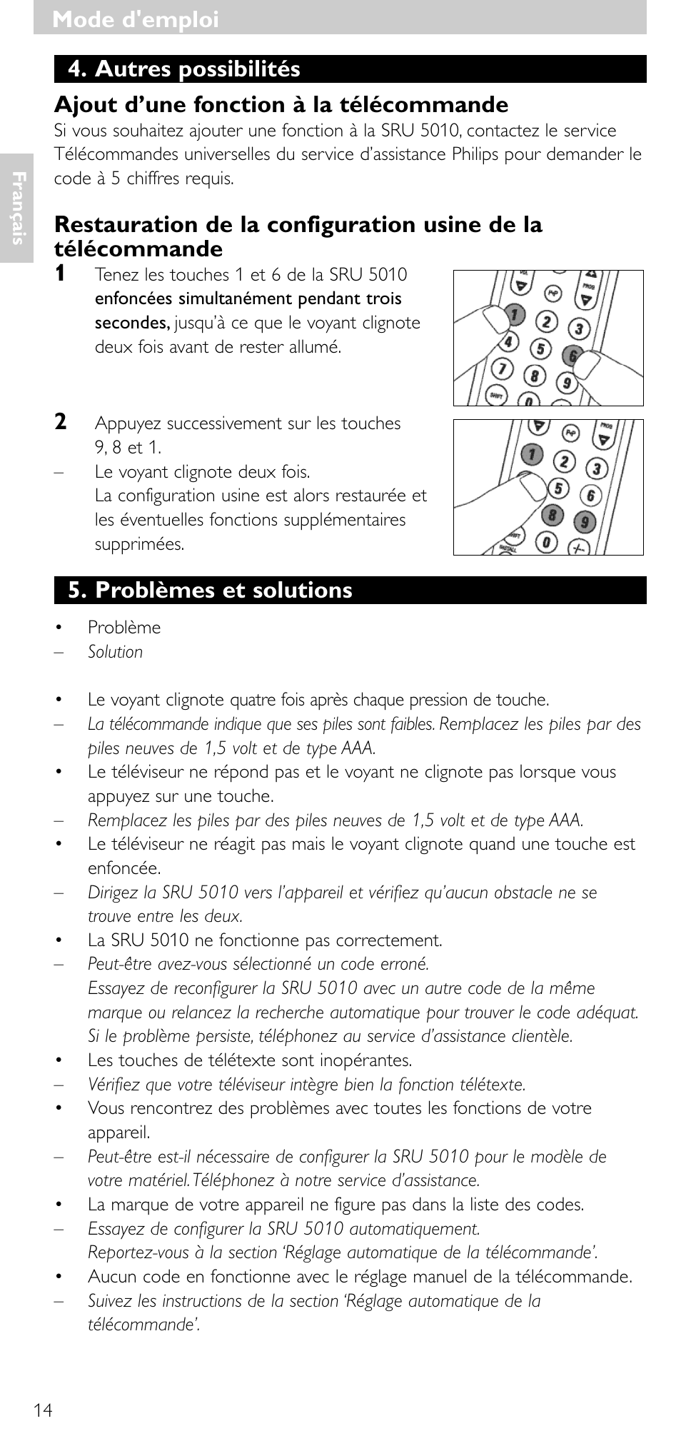 Mode d’emploi, Problèmes et solutions | Philips Universal-Fernbedienung User Manual | Page 13 / 63