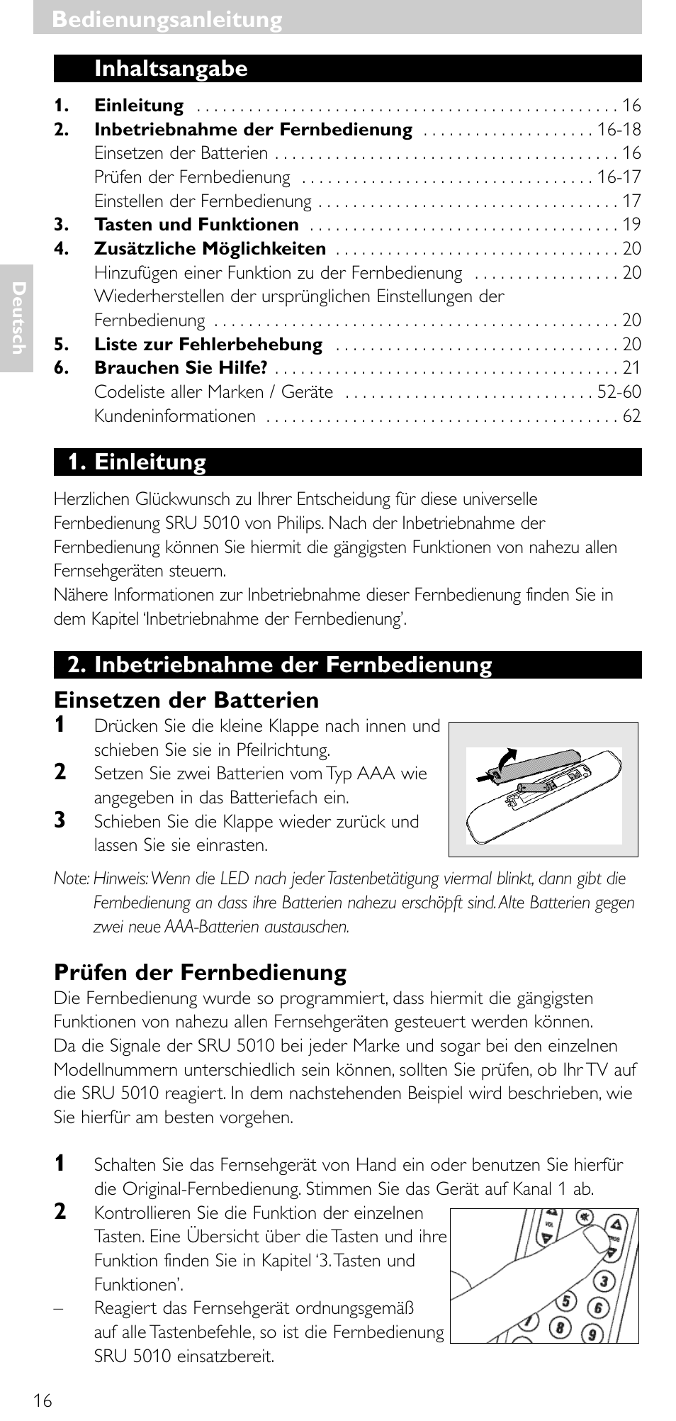 Bedienungsanleitung, Bedienungsanleitung inhaltsangabe, Einleitung | Prüfen der fernbedienung | Philips Universal-Fernbedienung User Manual | Page 15 / 63