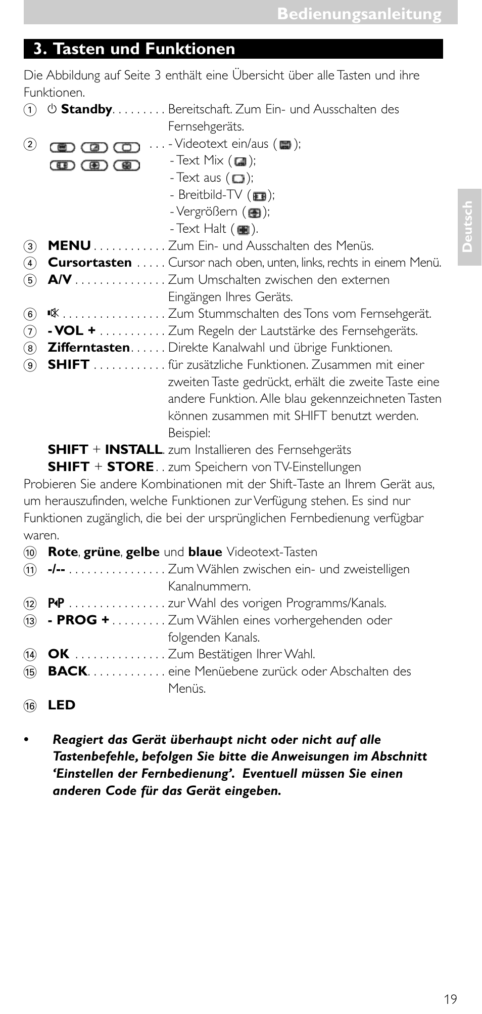 Bedienungsanleitung, Bedienungsanleitung 3. tasten und funktionen | Philips Universal-Fernbedienung User Manual | Page 18 / 63