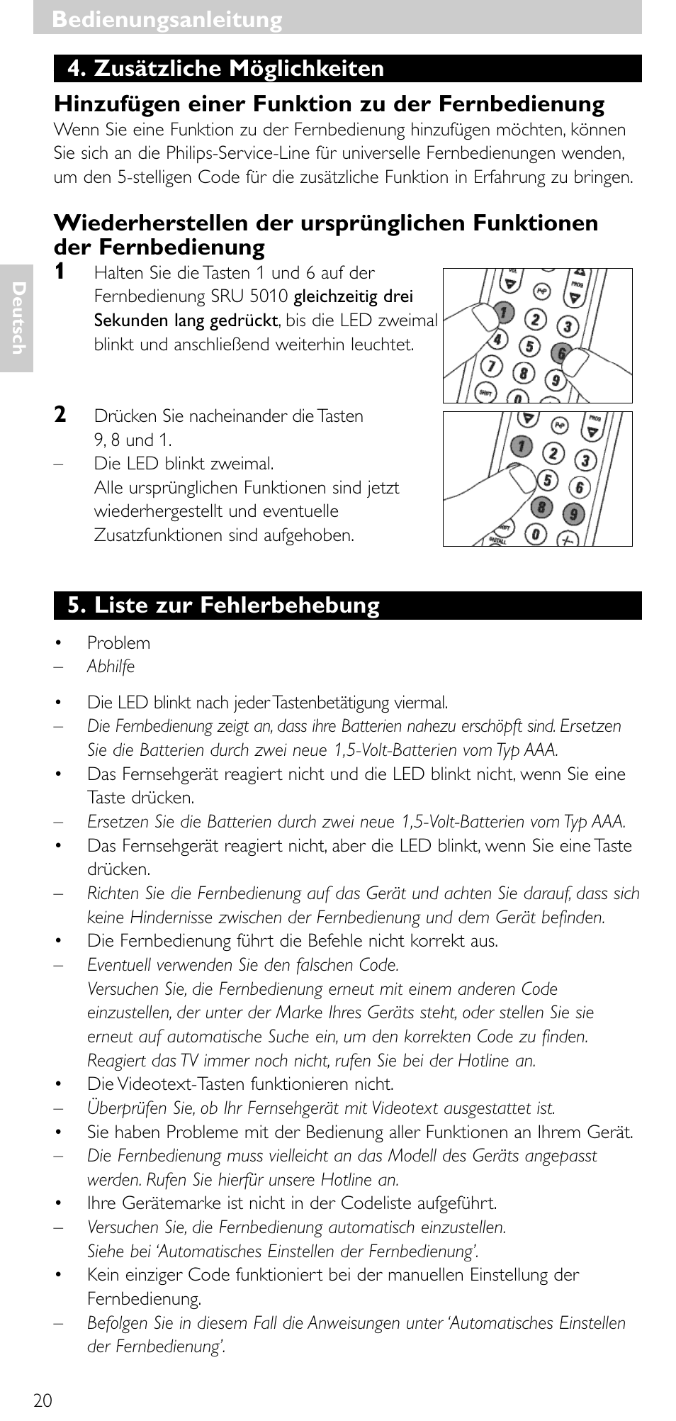 Bedienungsanleitung, Liste zur fehlerbehebung | Philips Universal-Fernbedienung User Manual | Page 19 / 63