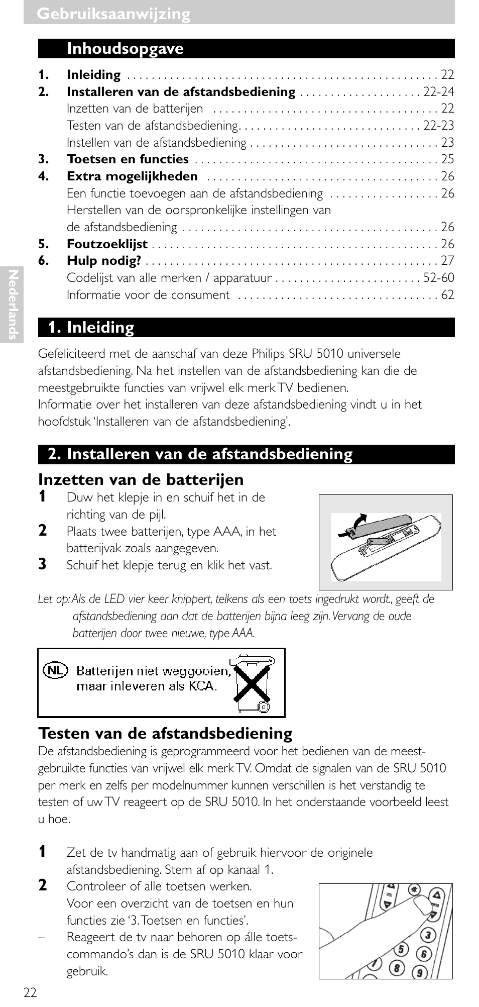 Gebruiksaanwijzing, Gebruiksaanwijzing inhoudsopgave, Inleiding | Testen van de afstandsbediening | Philips Universal-Fernbedienung User Manual | Page 21 / 63