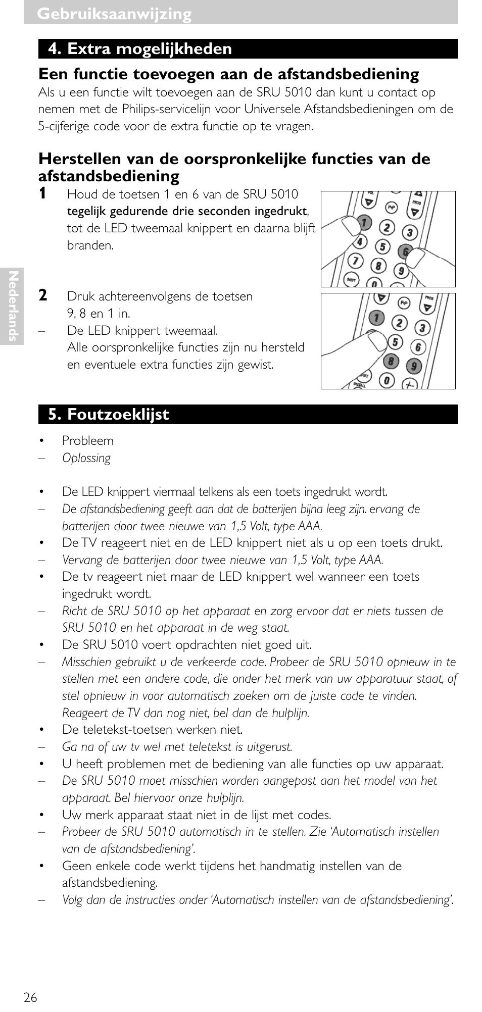 Gebruiksaanwijzing, Foutzoeklijst | Philips Universal-Fernbedienung User Manual | Page 25 / 63