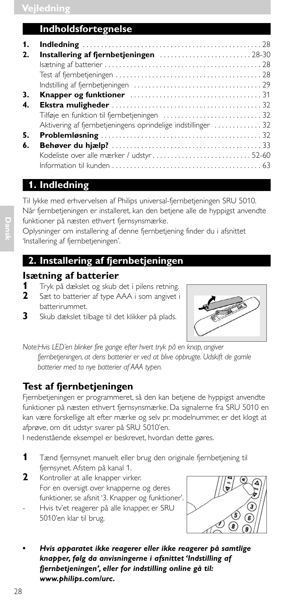 Vejledning, Vejledning indholdsfortegnelse, Indledning | Test af fjernbetjeningen | Philips Universal-Fernbedienung User Manual | Page 27 / 63