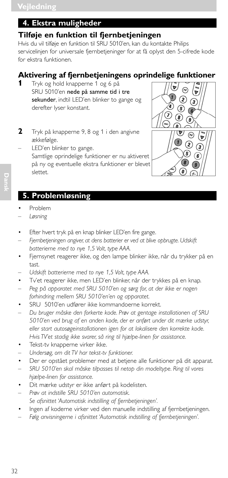 Vejledning, Problemløsning | Philips Universal-Fernbedienung User Manual | Page 31 / 63