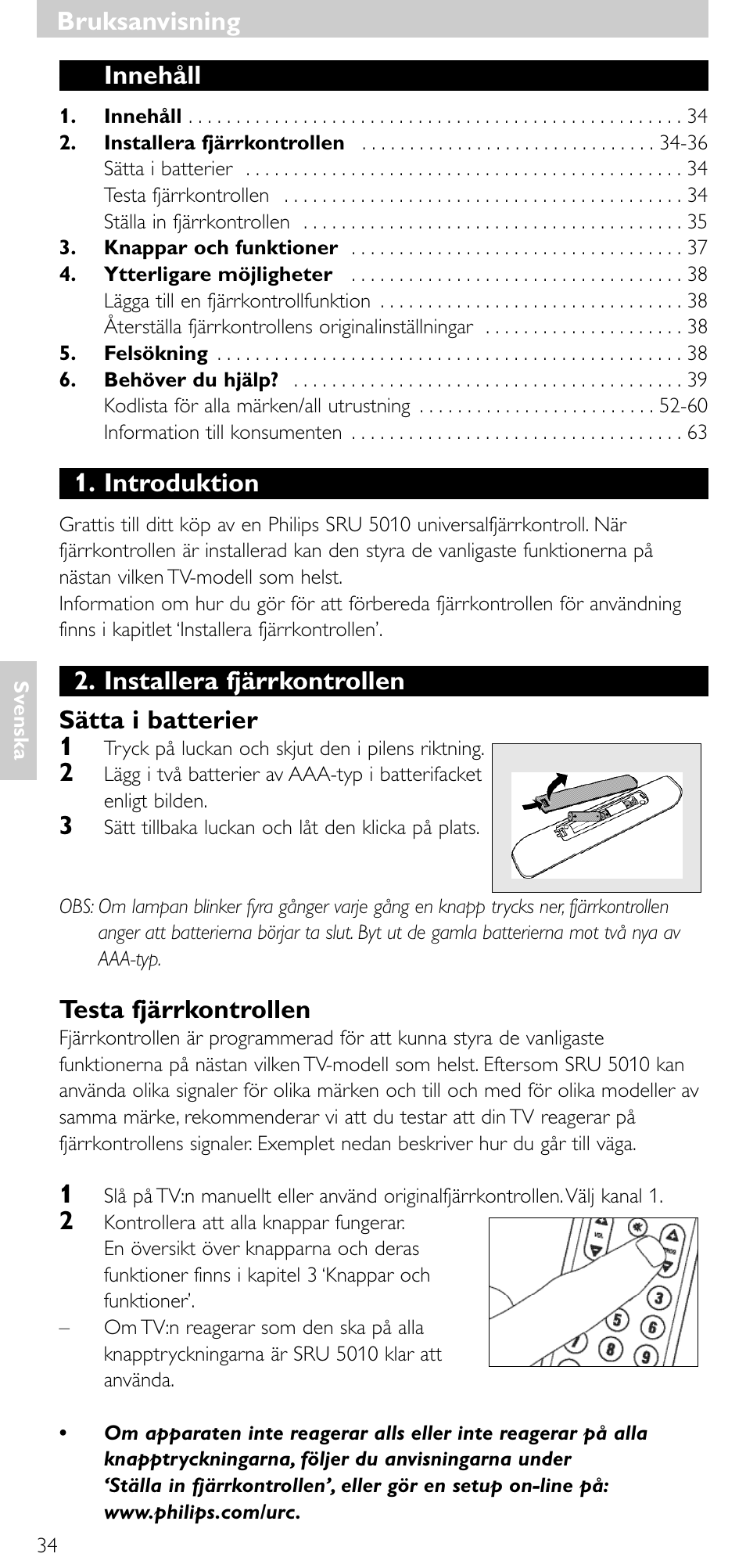 Bruksanvisning, Bruksanvisning innehåll, Introduktion | Installera fjärrkontrollen sätta i batterier 1, Testa fjärrkontrollen | Philips Universal-Fernbedienung User Manual | Page 33 / 63