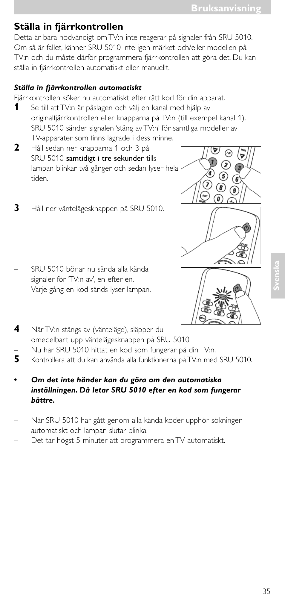 Bruksanvisning, Bruksanvisning ställa in fjärrkontrollen | Philips Universal-Fernbedienung User Manual | Page 34 / 63