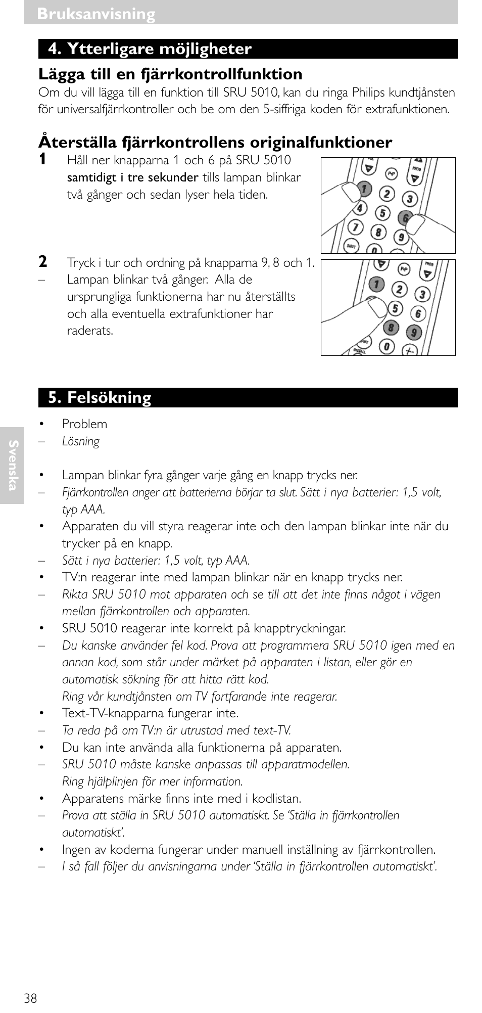 Bruksanvisning, Återställa fjärrkontrollens originalfunktioner 1, Felsökning | Philips Universal-Fernbedienung User Manual | Page 37 / 63