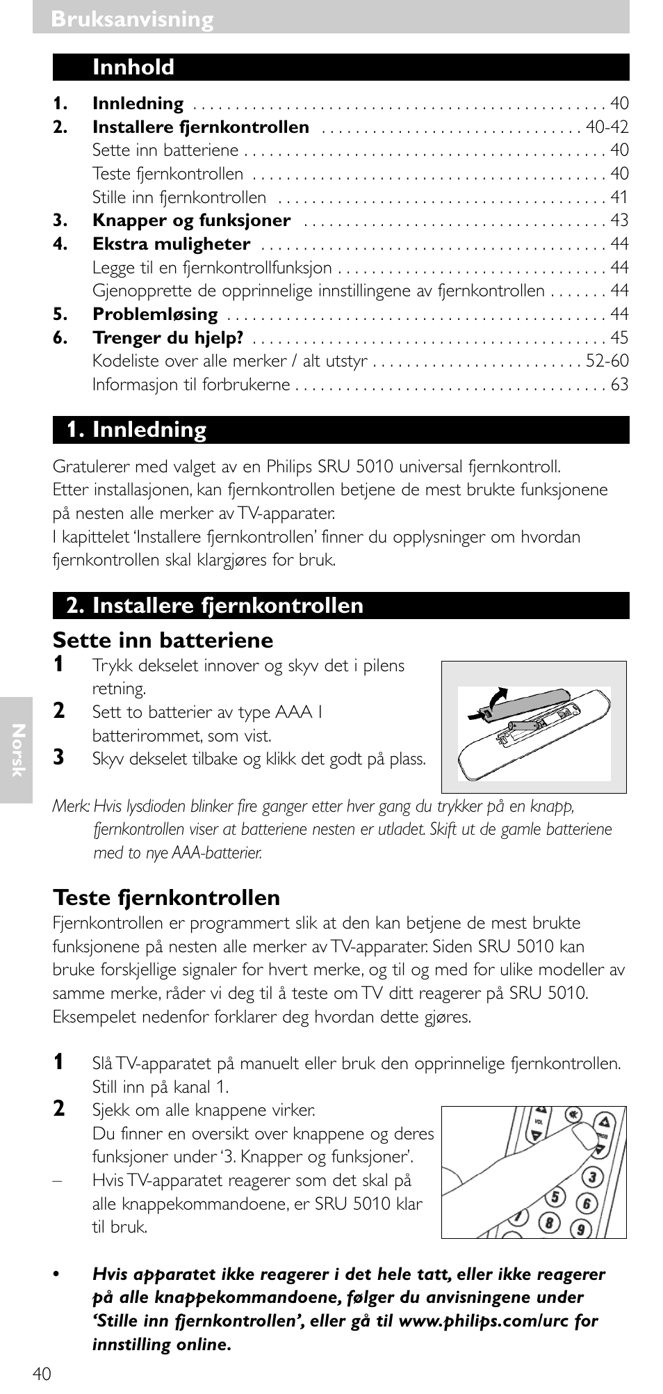 Bruksanvisning, Bruksanvisning innhold, Innledning | Installere fjernkontrollen sette inn batteriene 1, Teste fjernkontrollen | Philips Universal-Fernbedienung User Manual | Page 39 / 63