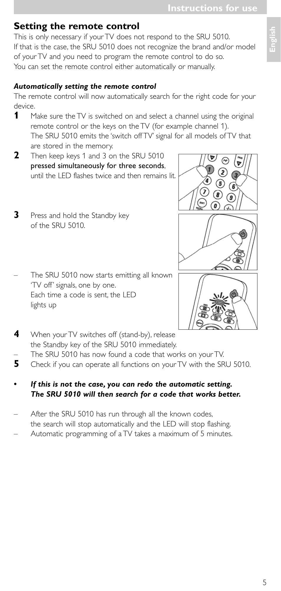 Instructions for use, Setting the remote control | Philips Universal-Fernbedienung User Manual | Page 4 / 63