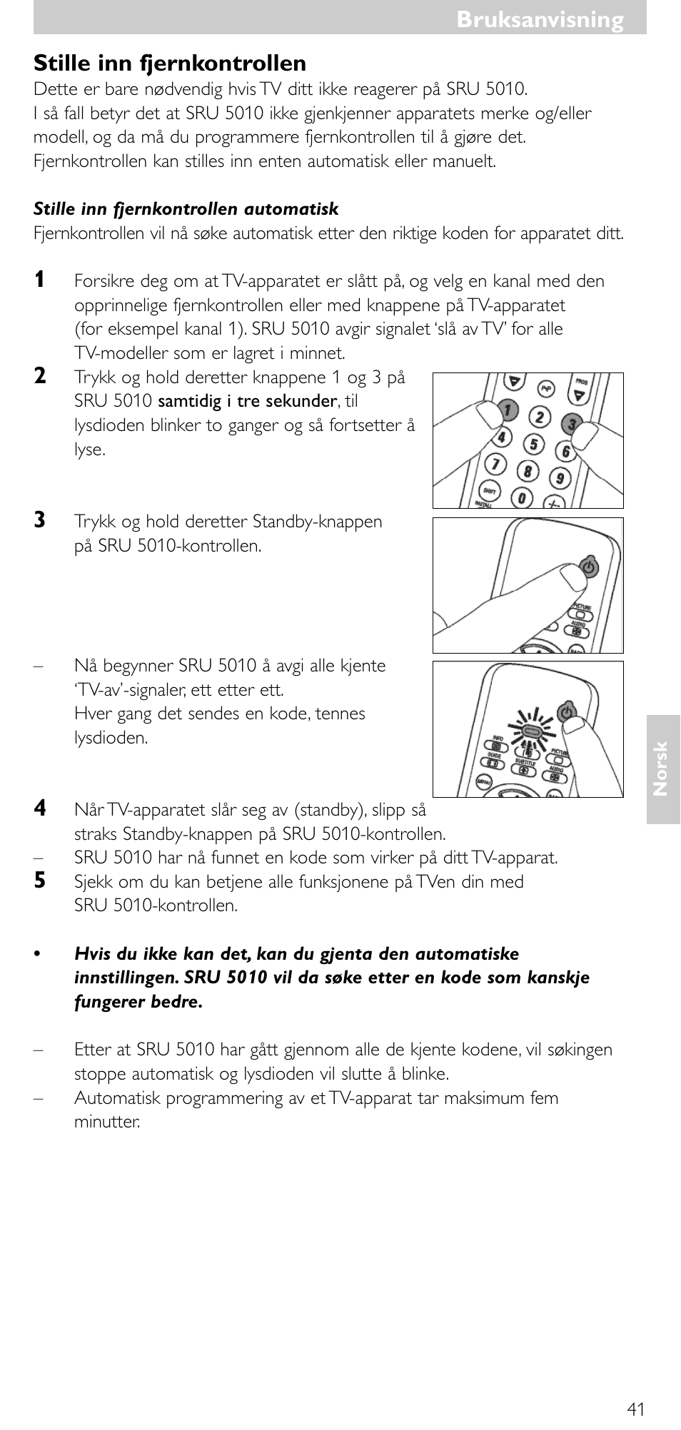 Bruksanvisning, Bruksanvisning stille inn fjernkontrollen | Philips Universal-Fernbedienung User Manual | Page 40 / 63