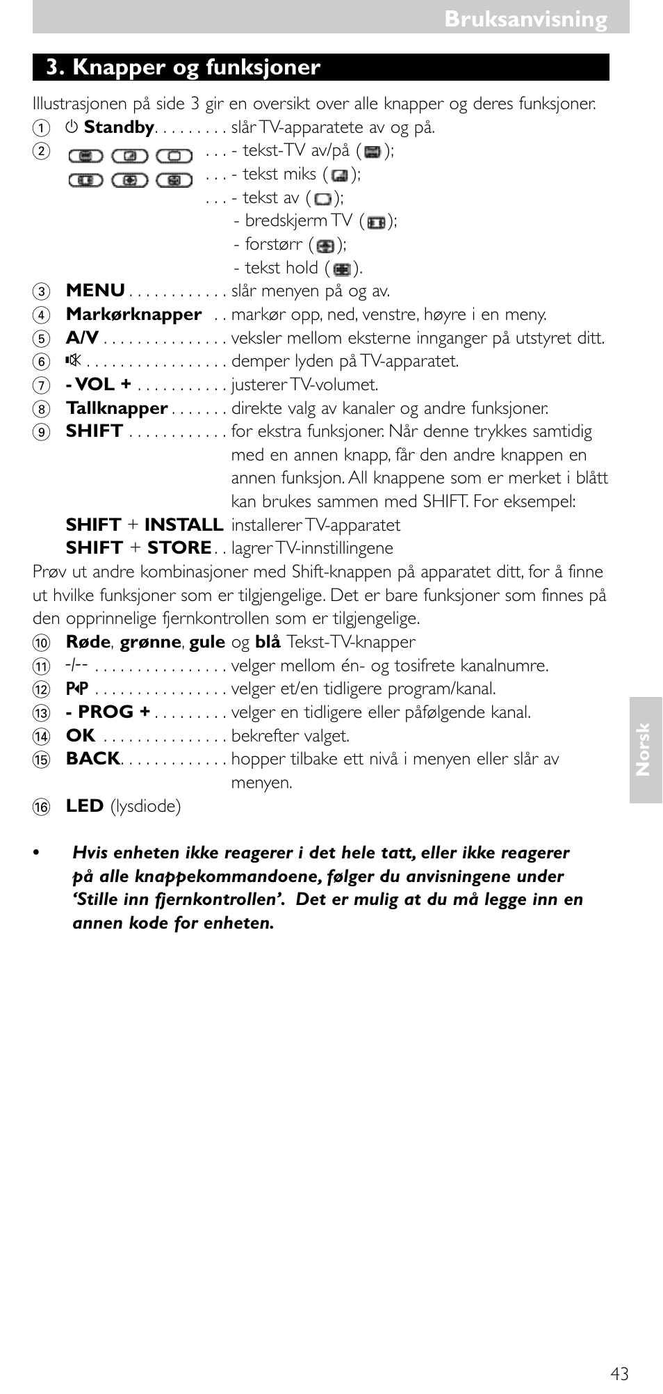 Bruksanvisning, Bruksanvisning 3. knapper og funksjoner | Philips Universal-Fernbedienung User Manual | Page 42 / 63