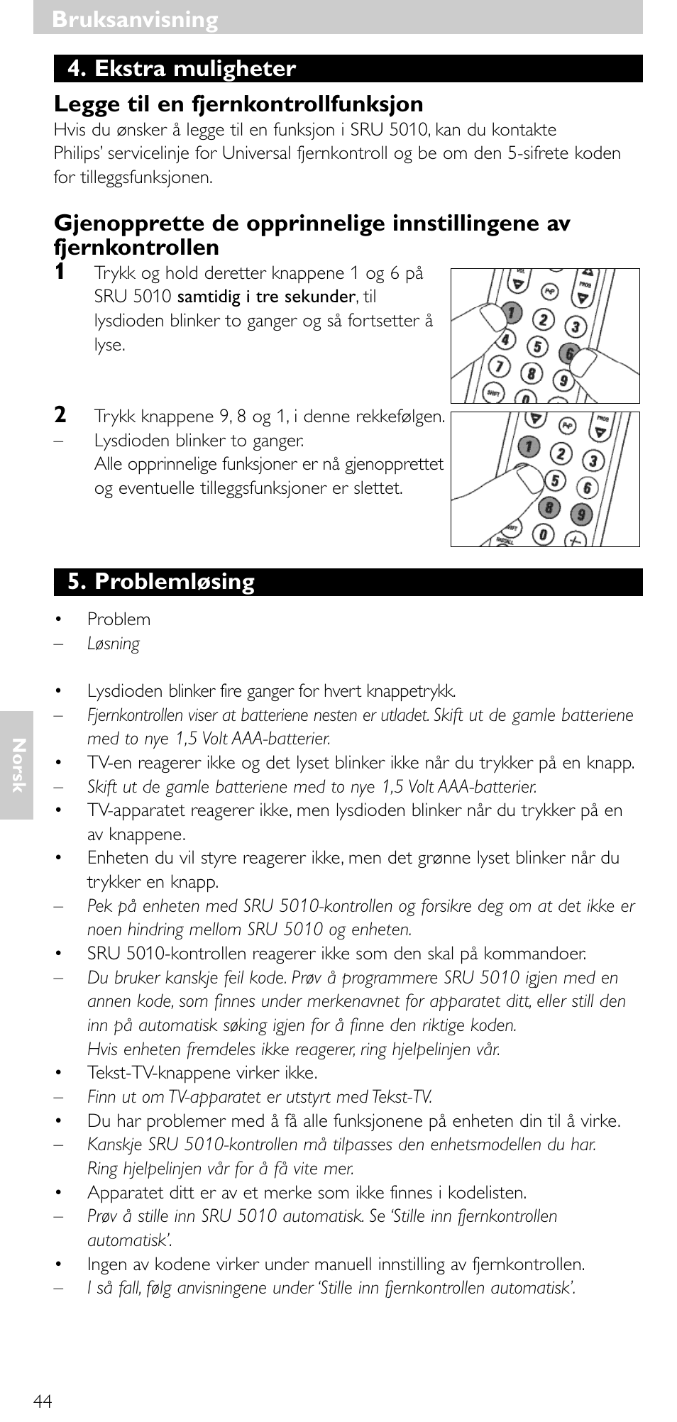 Bruksanvisning, Problemløsing | Philips Universal-Fernbedienung User Manual | Page 43 / 63