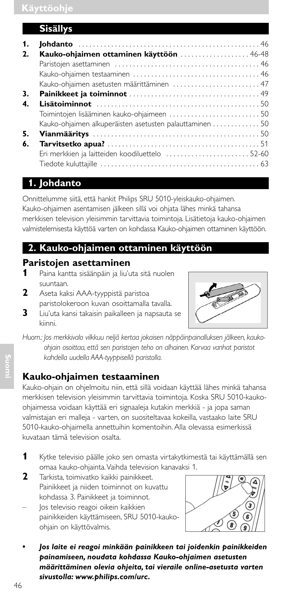 Käyttöohje, Käyttöohje sisällys, Johdanto | Kauko-ohjaimen testaaminen | Philips Universal-Fernbedienung User Manual | Page 45 / 63