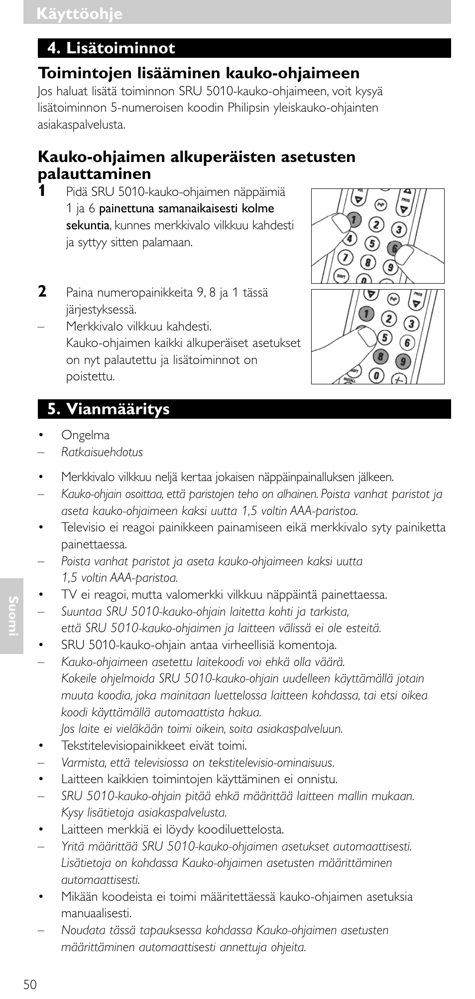 Käyttöohje, Vianmääritys | Philips Universal-Fernbedienung User Manual | Page 49 / 63