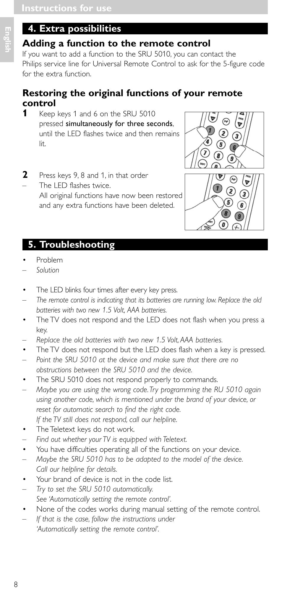 Troubleshooting, Instructions for use | Philips Universal-Fernbedienung User Manual | Page 7 / 63