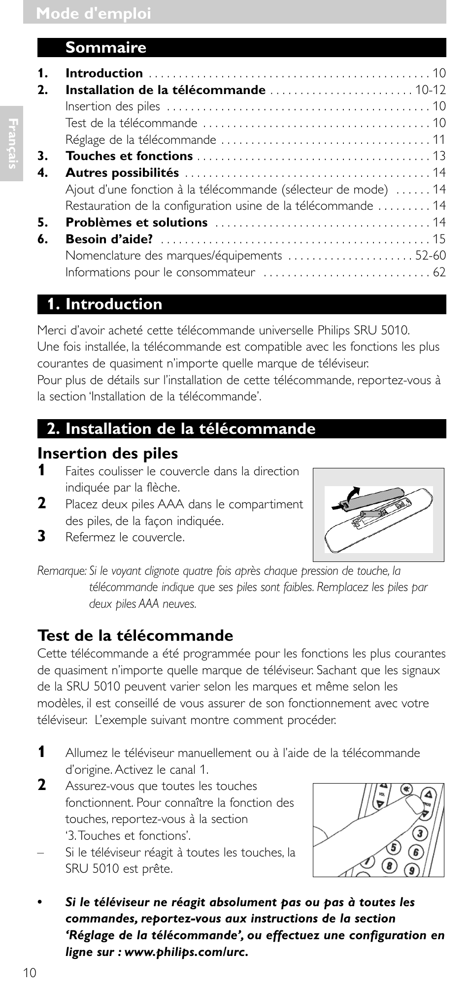 Mode d’emploi, Mode d'emploi sommaire, Introduction | Test de la télécommande | Philips Universal-Fernbedienung User Manual | Page 9 / 63