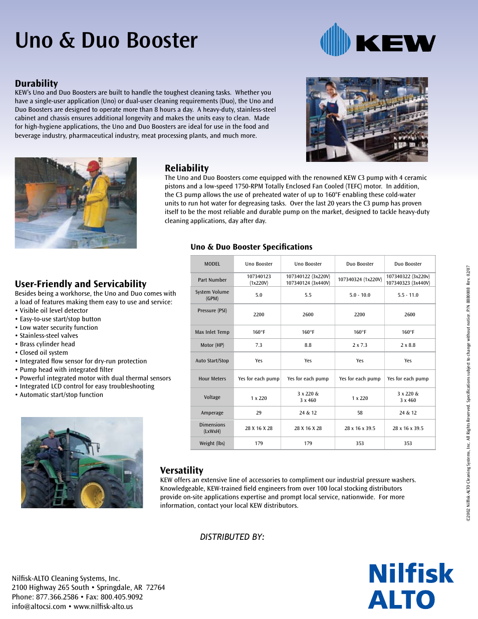 Uno & duo booster, Durability, Reliability | User-friendly and servicability, Versatility, Uno & duo booster specifications, Distributed by | Nilfisk-ALTO High-Pressure Washers User Manual | Page 2 / 2