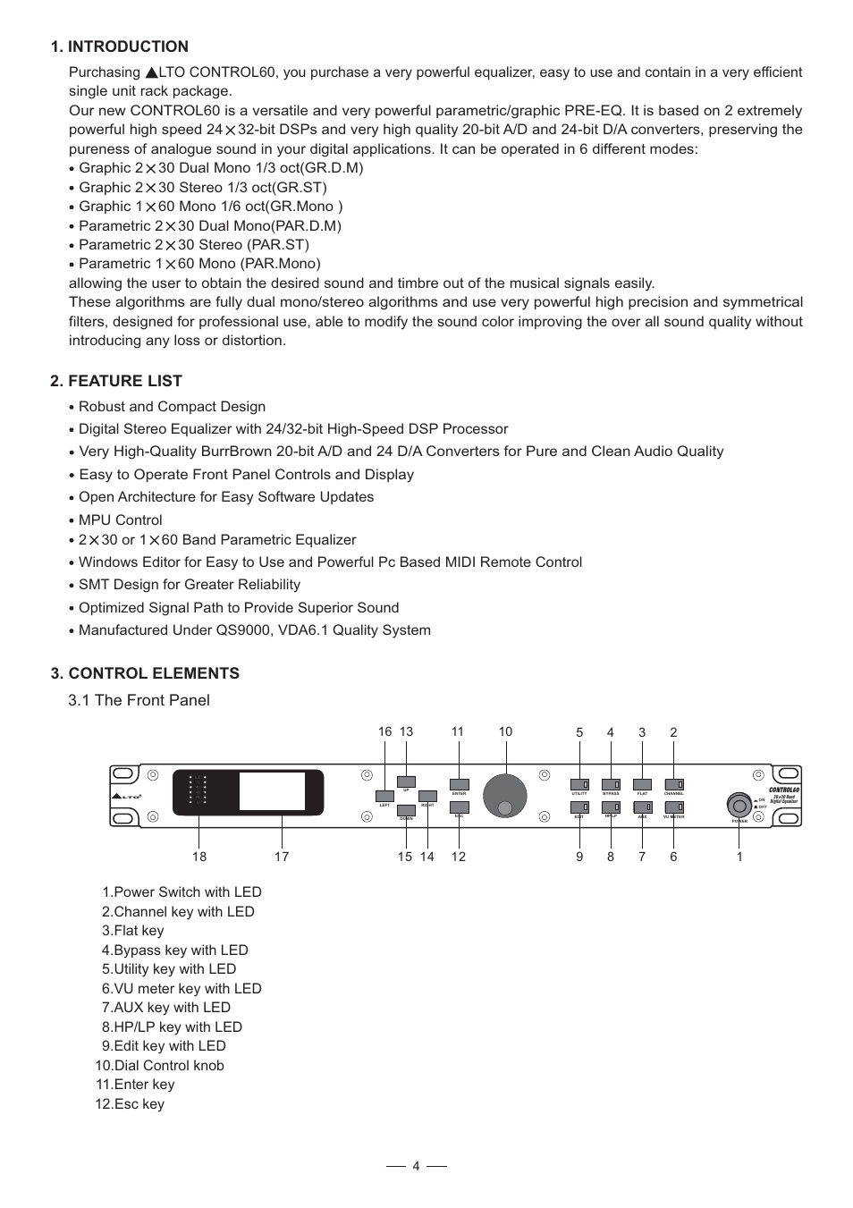 Introduction, Feature list, Control elements 3.1 the front panel | Easy to operate front panel controls and display | Nilfisk-ALTO CONTROL60 User Manual | Page 5 / 18