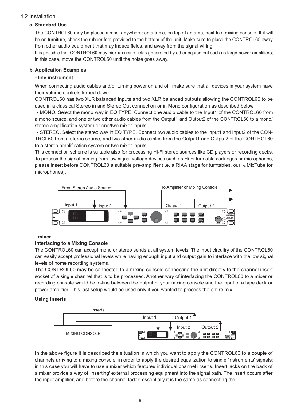 2 installation, Mixer interfacing to a mixing console, Using inserts | Input 1 output 1 input 2 output 2 inserts | Nilfisk-ALTO CONTROL60 User Manual | Page 7 / 18