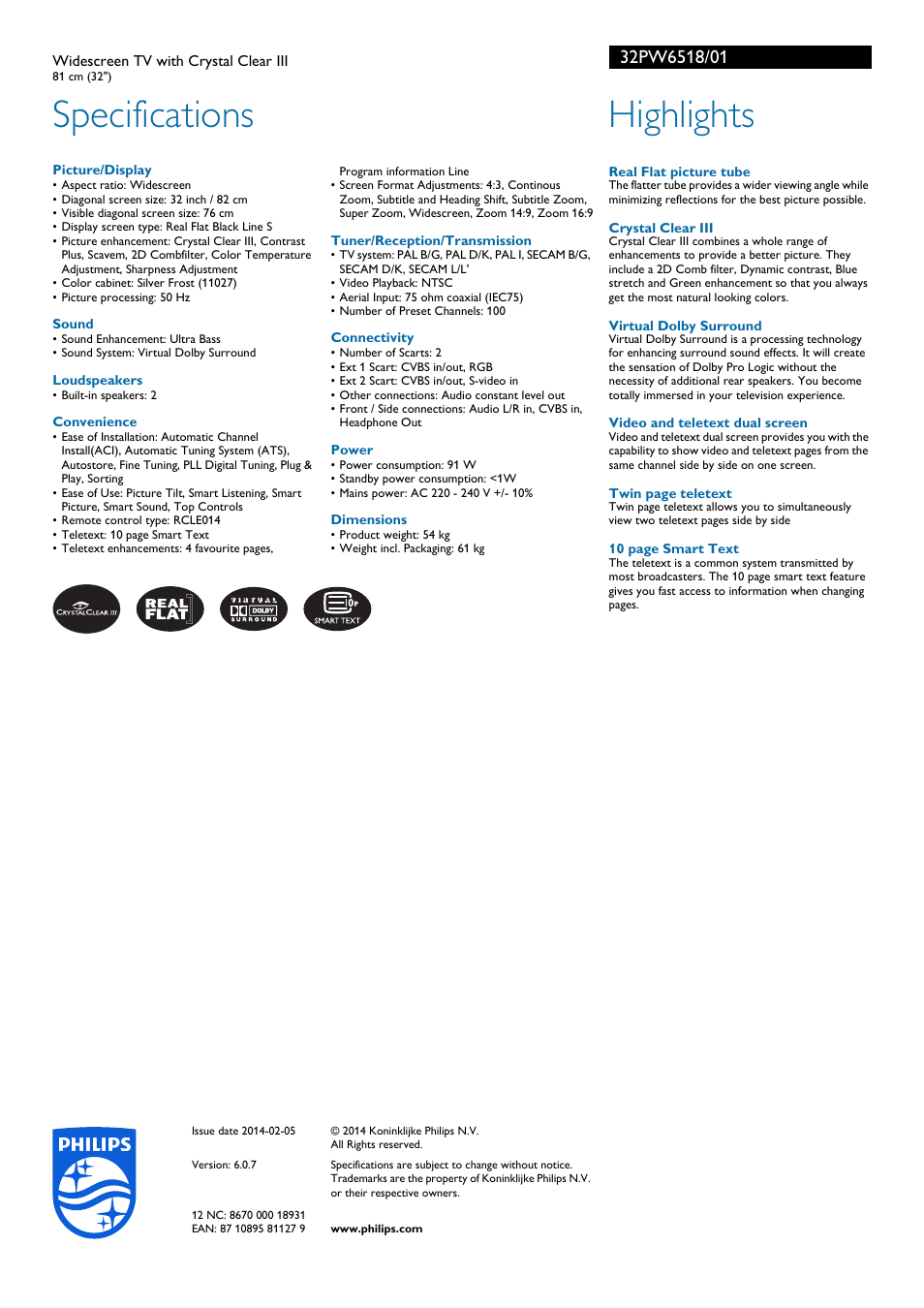 Specifications, Highlights | Philips Breitbild-TV User Manual | Page 2 / 2